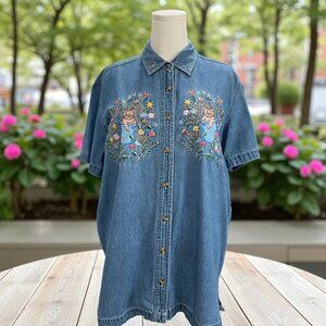 Vintage Cat Embroidered Denim Shirt Cottagecore Coquette Whimsical Floral